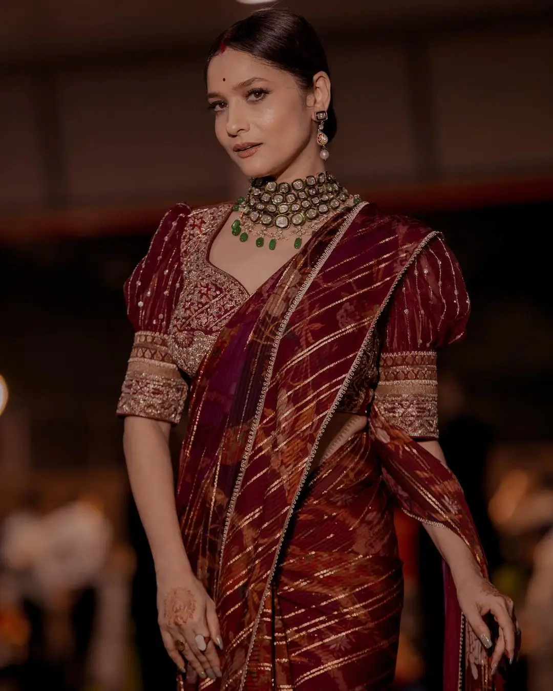 ANKITA LOKHANDE IN INDIAN TRADITIONAL MAROON SAREE BLOUSE